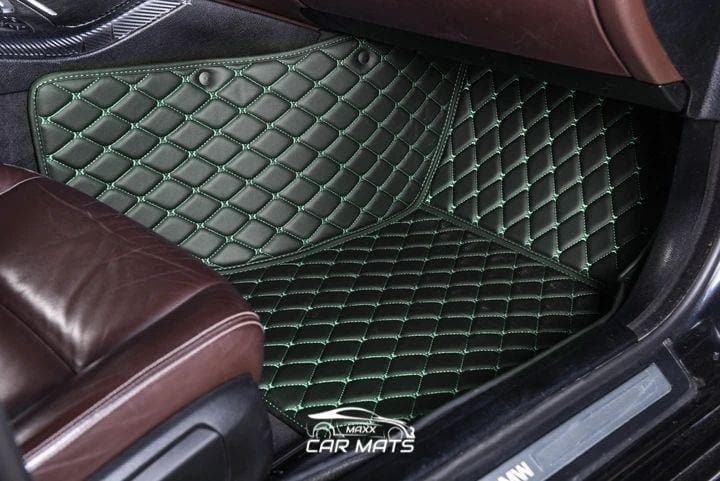 Black Leather and Green Stitching Diamond Car Mats - Indy Mats